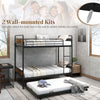Twin over twin bunk bed in black with trundle, full-length guardrails, and wall-mounted kits for added safety.
