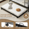 Twin over twin bunk bed with trundle in black, featuring a sturdy metal frame and integrated ladder for easy access.