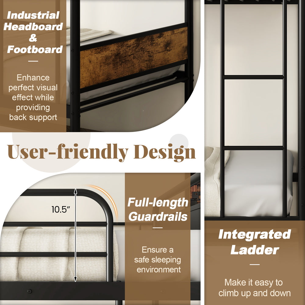 Twin over twin bunk bed with trundle, integrated ladder, and full-length guardrails for safe and stable sleeping.