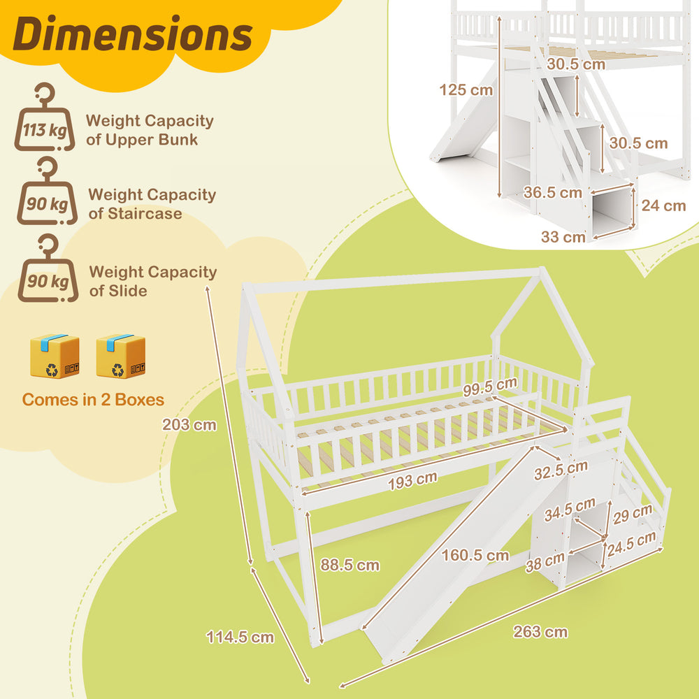 Twin over twin bunk bed with slide and staircase in white, featuring storage compartments and safety guardrails.