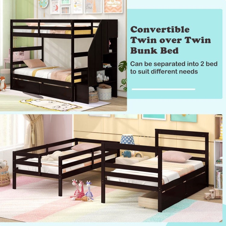 Costway Twin Over Twin Bunk Bed with Storage Stairs and Drawers New