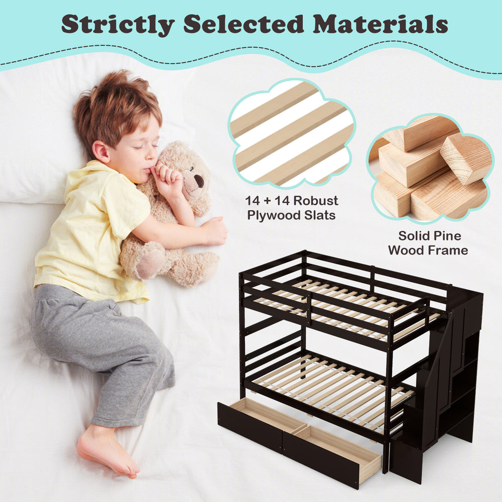 Costway Twin Over Twin Bunk Bed with Storage Stairs and Drawers New