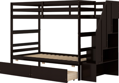 Costway Twin Over Twin Bunk Bed with Storage Stairs and Drawers New