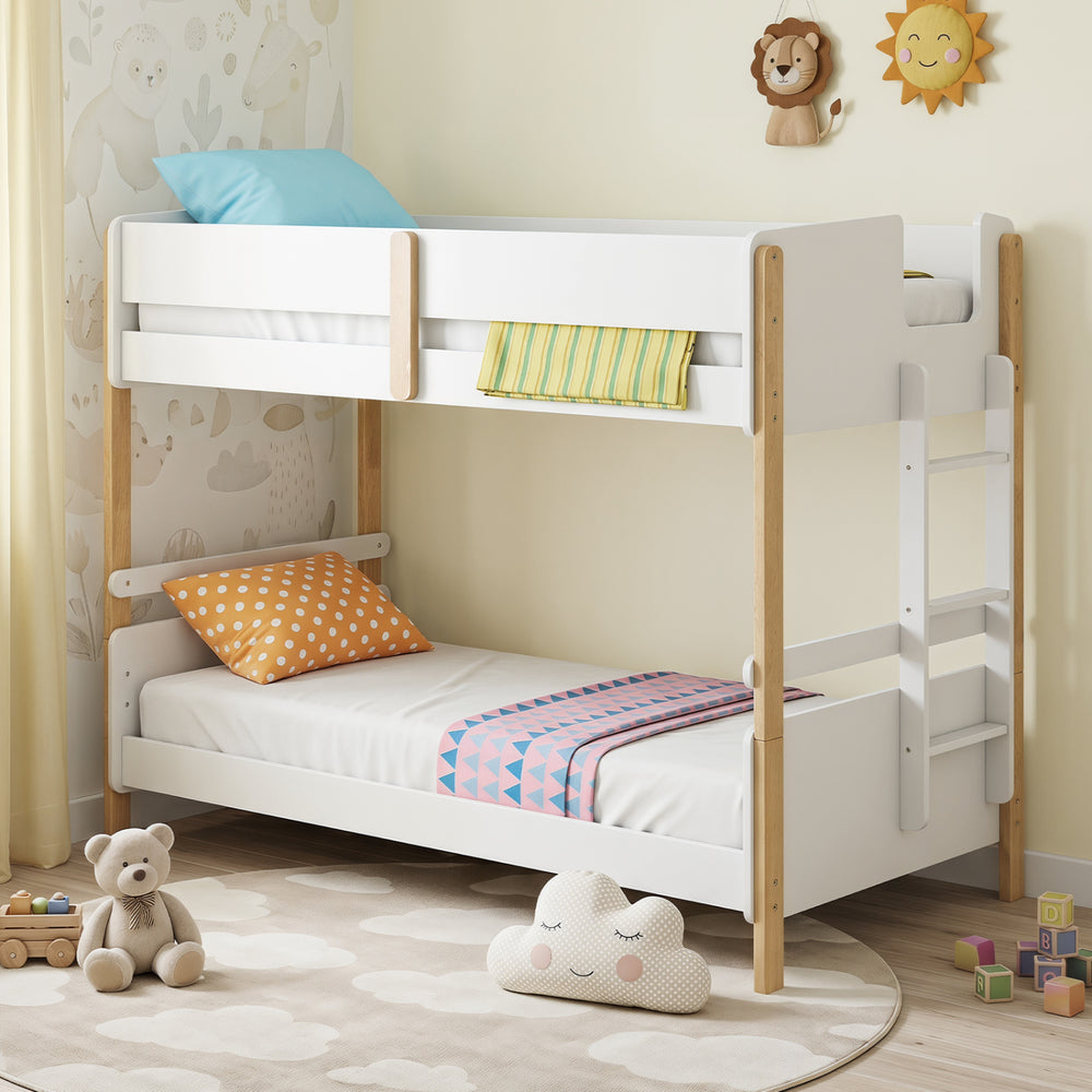Twin over twin bunk bed with solid wood frame and 14" guardrails, showcasing a cozy bedroom setup for children.