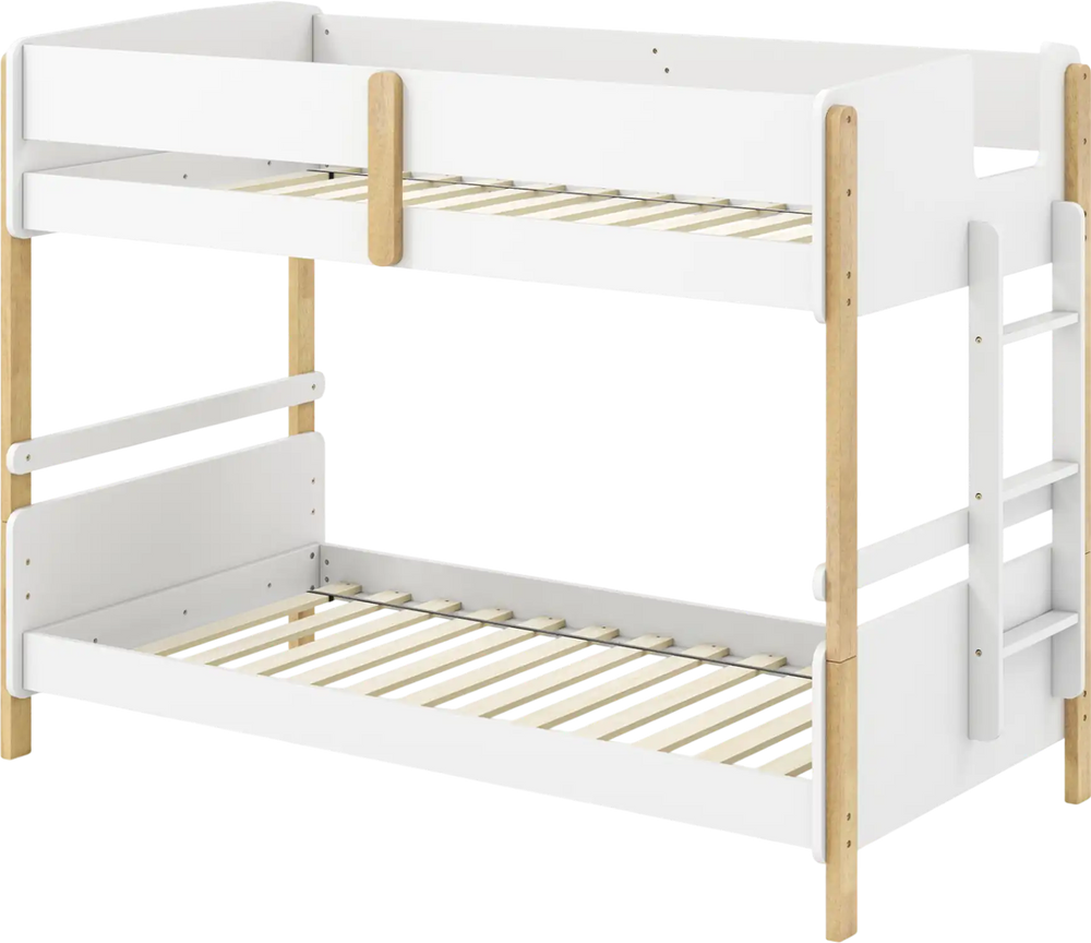 Twin over twin bunk bed in white with integrated ladder, convertible to two twin beds for versatile sleeping.