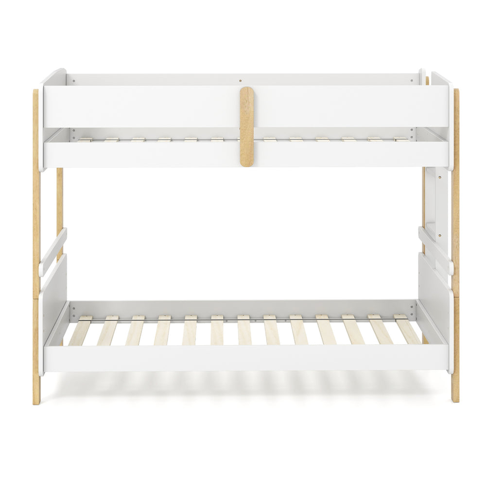 Twin over twin bunk bed in white with integrated ladder, convertible to 2 twin beds, ideal for home or dorm use.