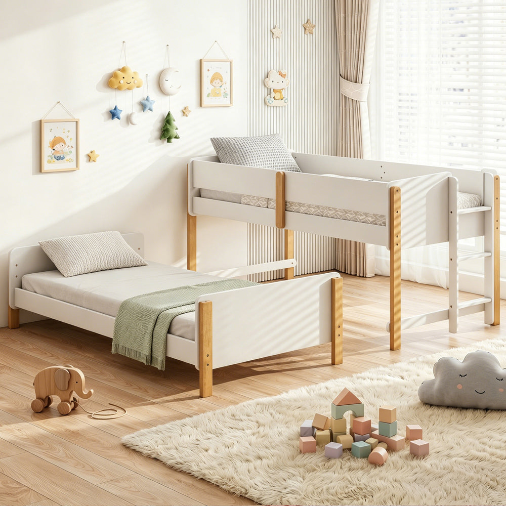 Twin over twin bunk bed in white, convertible to two twin beds, featuring solid rubber wood frame and integrated ladder.