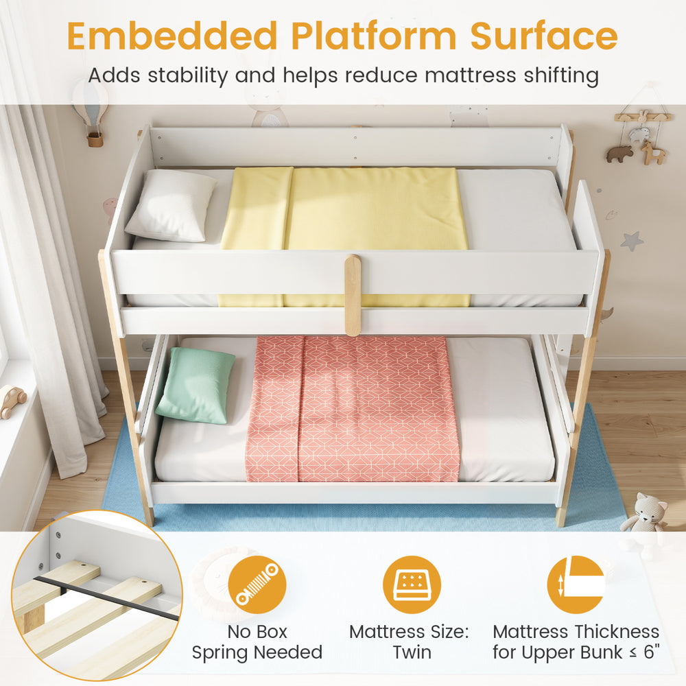 Twin over twin bunk bed with embedded platform surface for stability, convertible to two twin beds, ideal for various.