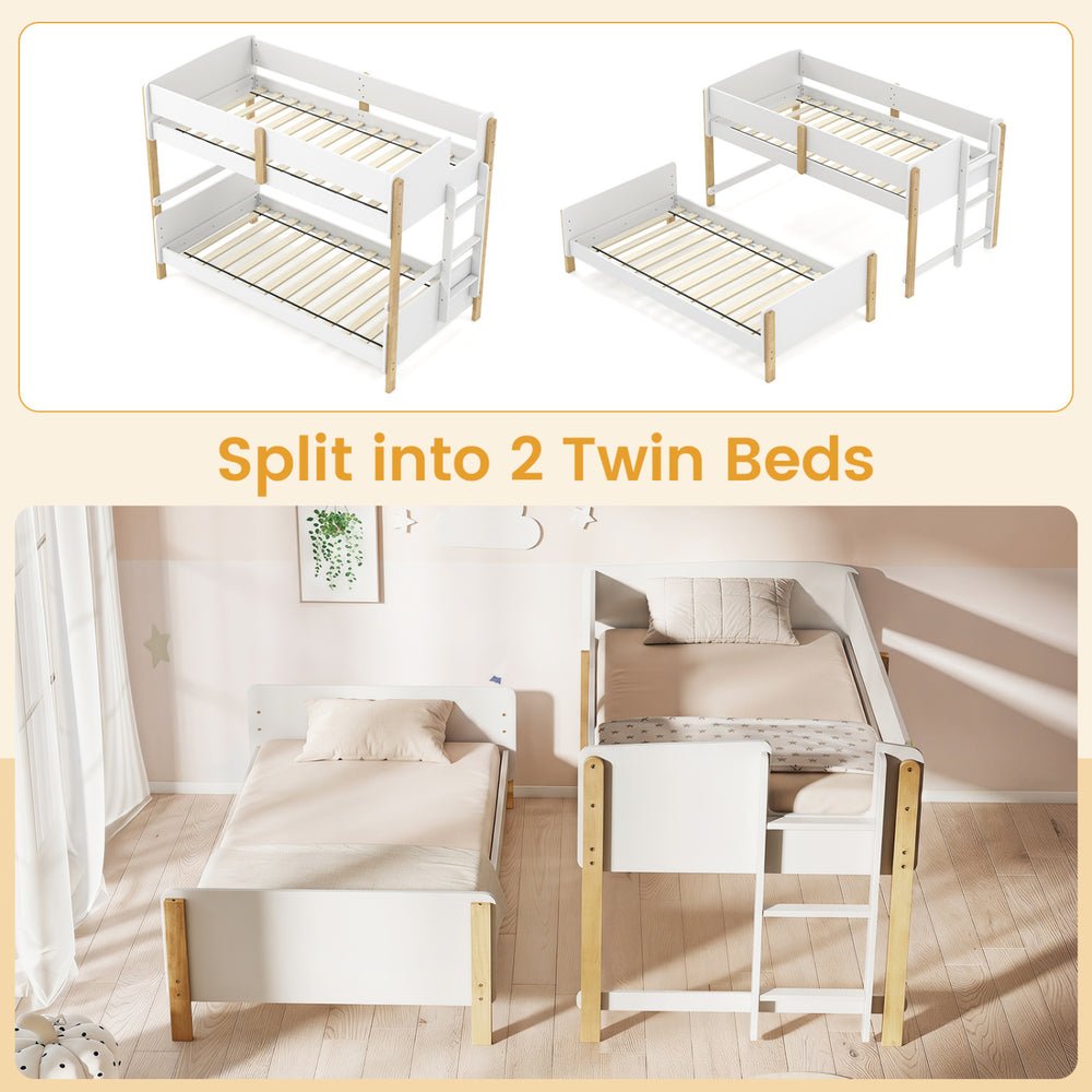 Twin over twin bunk bed convertible to two twin beds, featuring a solid wood frame and integrated ladder for easy.