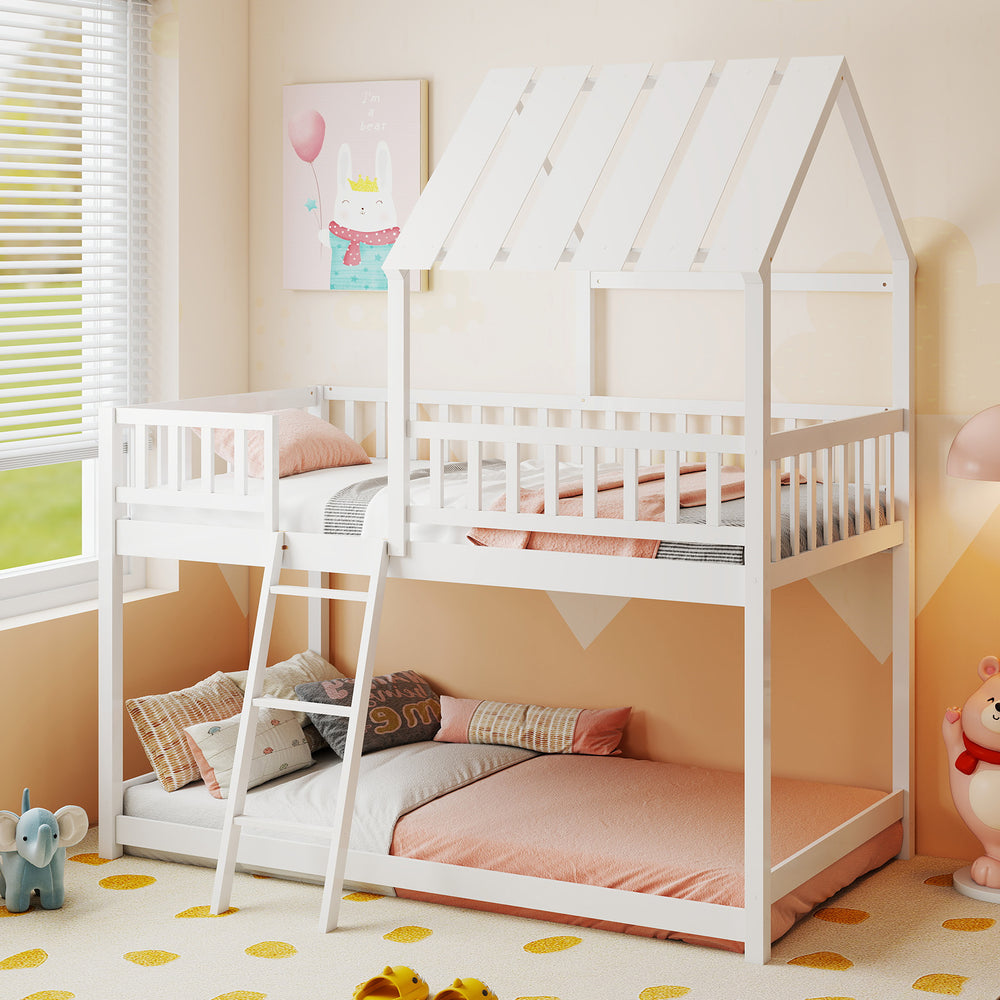 Twin over twin house bunk bed in white with roof, full-length guardrails, and sturdy ladder for kids' safety and fun.