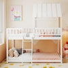 House-shaped twin over twin bunk bed in white, featuring a low-to-ground design for easy access and added safety for.