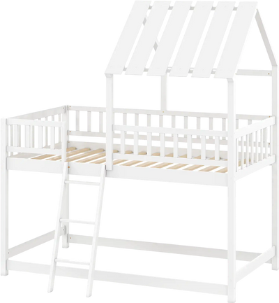 Costway Twin Over Twin House Bunk Bed w/ Roof Guardrails 28215848 New