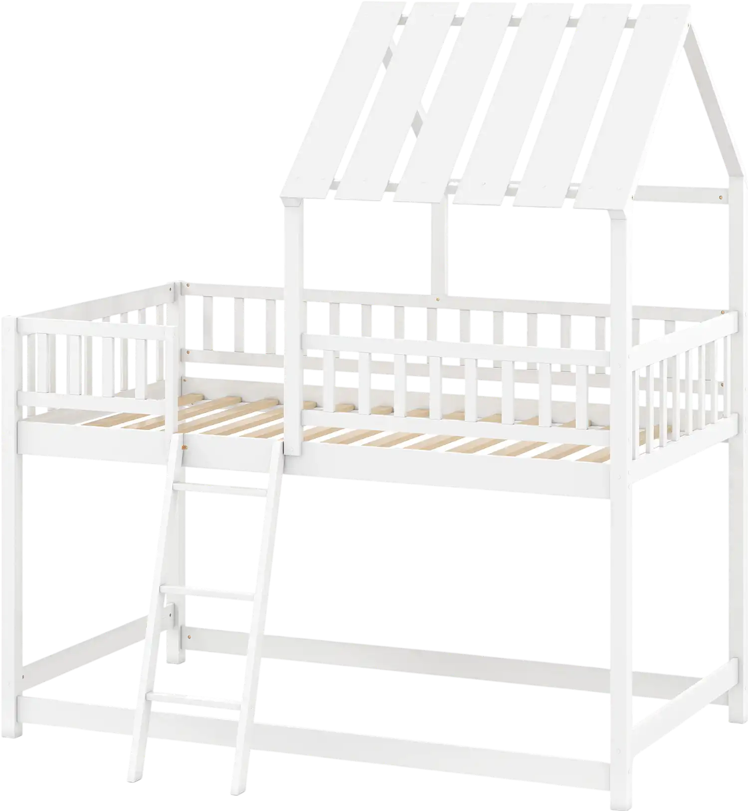 Costway Twin Over Twin House Bunk Bed w/ Roof Full-Length Guardrails 28215848 New