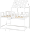 House-shaped twin over twin bunk bed in white with guardrails and ladder, perfect for kids' rooms and easy access.