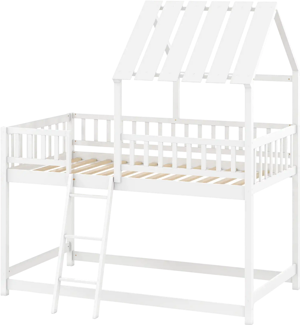 House-shaped twin over twin bunk bed in white with guardrails and ladder, perfect for kids' rooms and easy access.