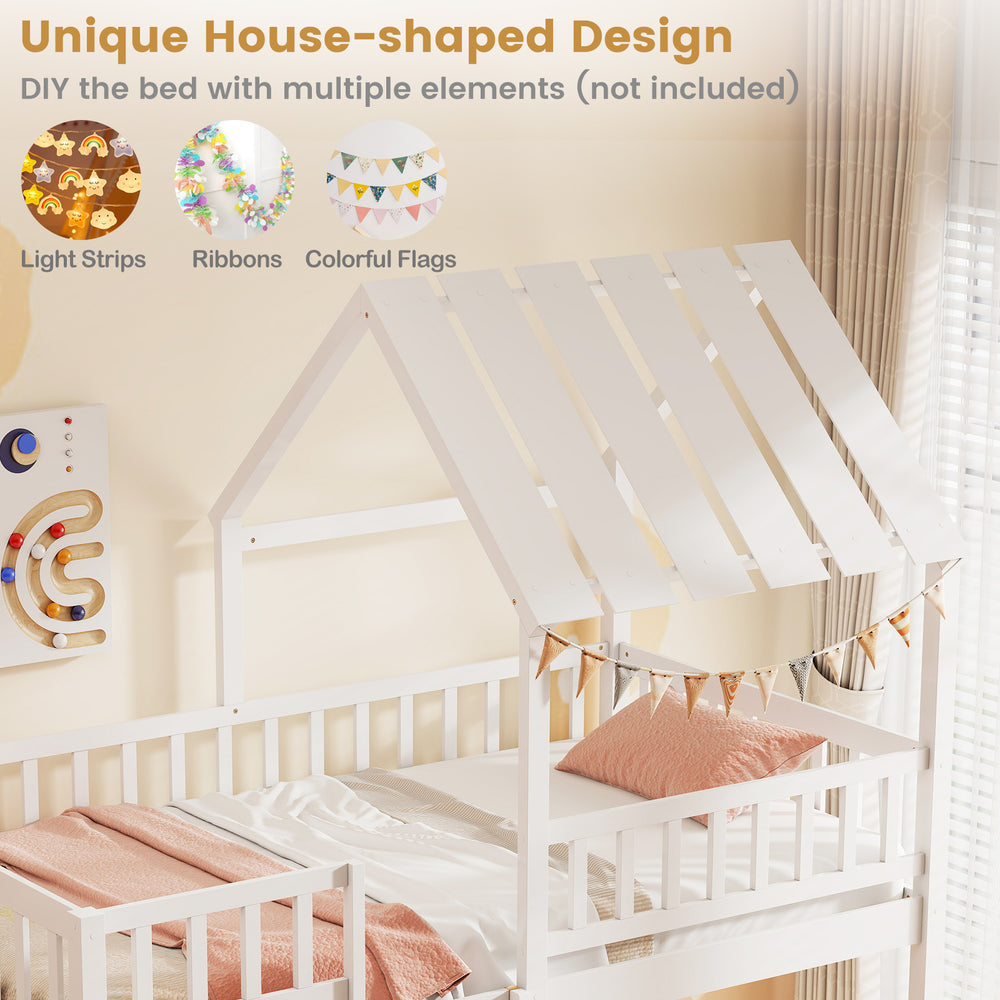Twin over twin house-shaped bunk bed in white with guardrails, perfect for kids' rooms and DIY decor options.