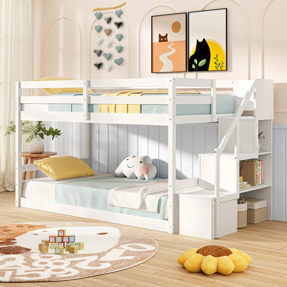 Twin Over Twin Low Bunk Bed with Storage Stairs Solid Wood Floor Bunk Bed Frame-White - Gallery View 1 of 10