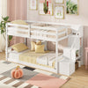 Twin over twin low bunk bed in white featuring a solid wood frame and spacious under-bed area for additional storage.