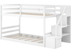 Twin over twin low bunk bed in white with storage stairs and open compartments for organized kids' rooms.