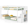 Twin over twin low bunk bed in white with storage stairs and open compartments for kids' organization and safety.
