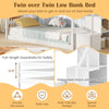 Twin over twin low bunk bed in white with storage stairs, solid wood frame, and full-length guardrails for safety.