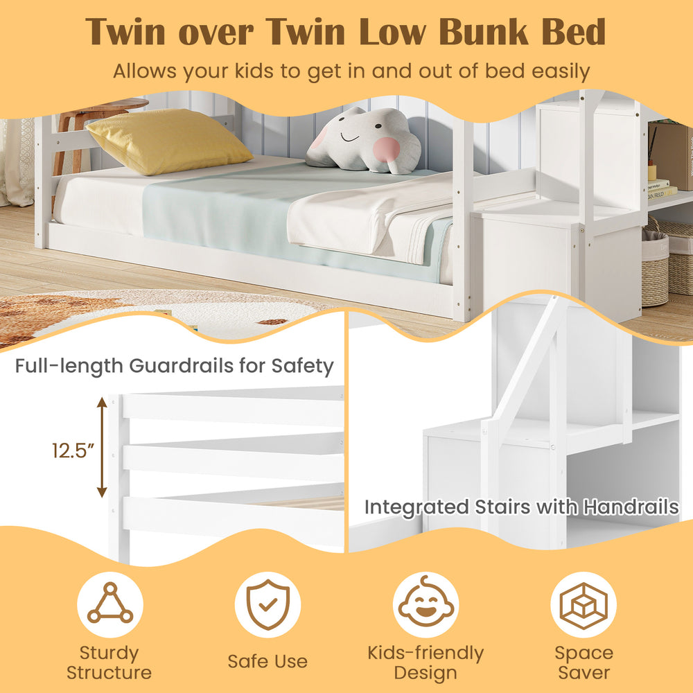 Twin over twin low bunk bed in white with storage stairs, solid wood frame, and full-length guardrails for safety.