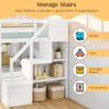Storage stairs of a twin over twin low bunk bed in white, featuring compartments for books, toys, and storage boxes.