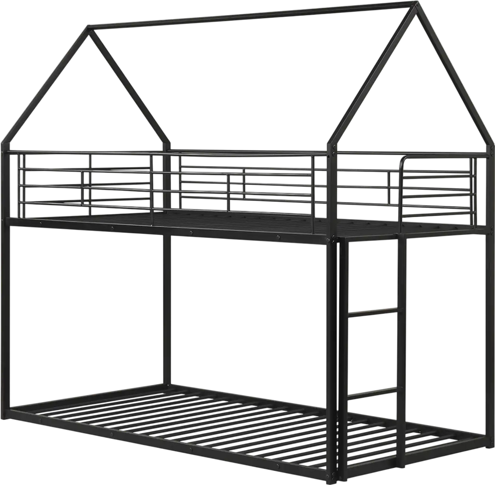 House-shaped twin over twin metal bunk bed in black with roof, ladder, and guardrails for safe sleeping.