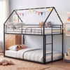 House-shaped twin over twin metal bunk bed in black with roof, ladder, and decorative lights for kids' creativity.