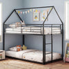 House-shaped twin over twin metal bunk bed in black with integrated ladder and guardrails for safe sleeping.