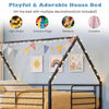 House-shaped twin over twin metal bunk bed in black with roof design, ideal for creative DIY decorations for kids.