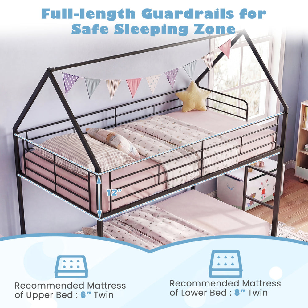Twin over twin metal bunk bed with roof design, featuring full-length guardrails and integrated ladder for safe.