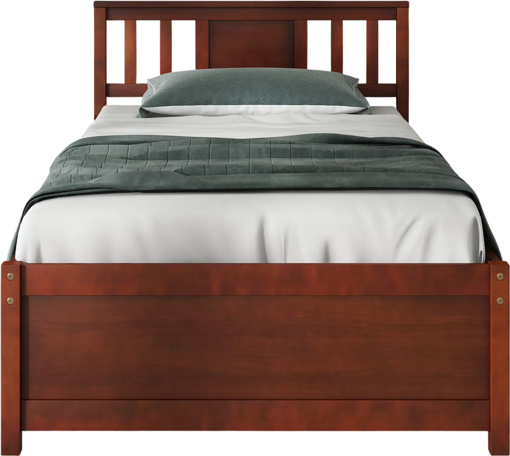 Twin size wooden platform bed with headboard in walnut finish, featuring slat support and retro design for elegant.