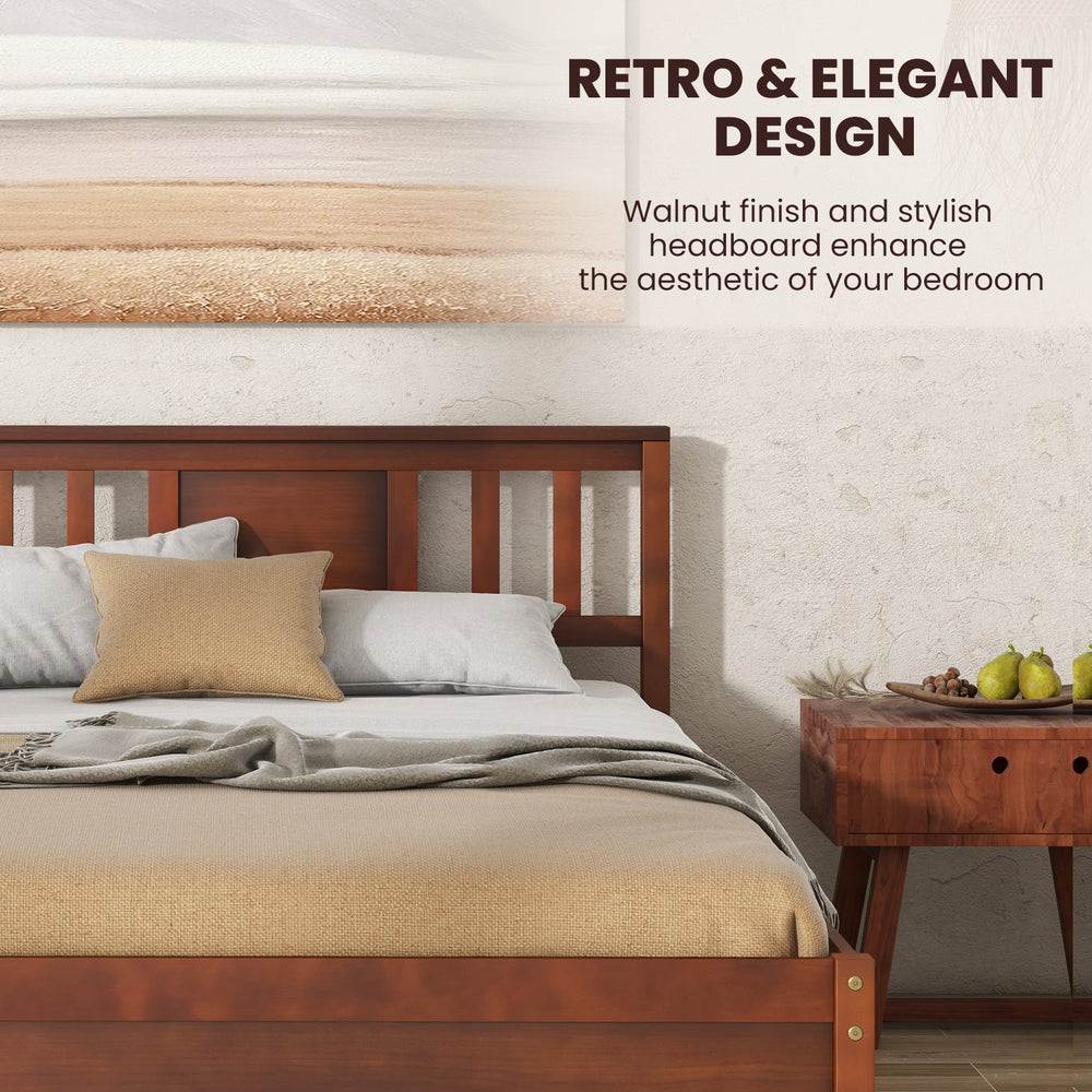 Wooden platform bed with stylish walnut finish and elegant headboard, ideal for enhancing bedroom aesthetics.