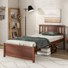 Twin size wooden platform bed with elevated design, walnut finish, and ample under-bed storage for added convenience.