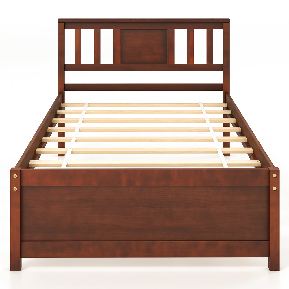 Twin size wooden platform bed with walnut finish, slatted support, and stylish headboard for elegant bedroom decor.
