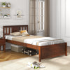 Twin size wooden platform bed with headboard in walnut finish, featuring slatted support and elegant retro design.