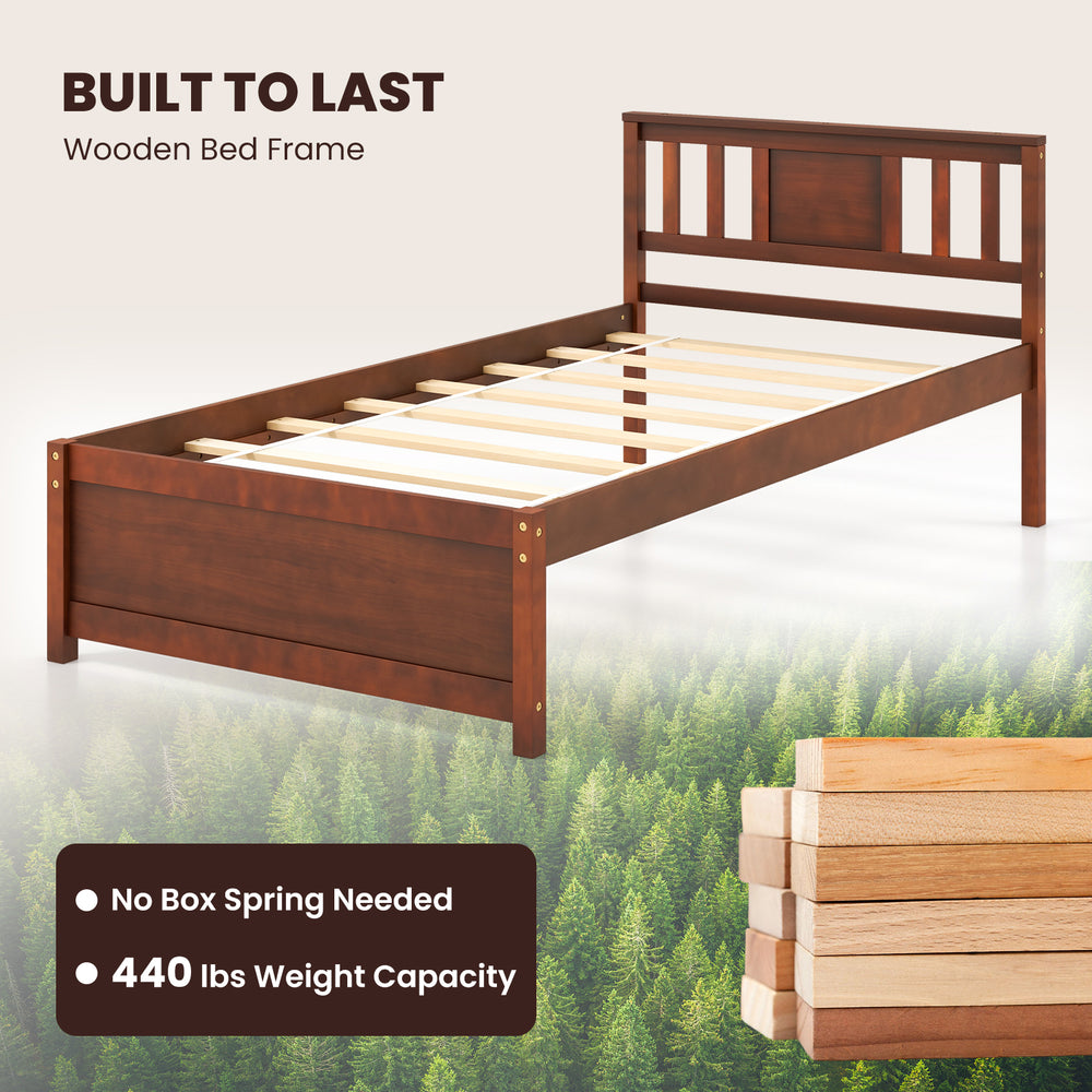 Twin size wooden platform bed frame with walnut finish, slatted support, and 440 lbs weight capacity for stylish.