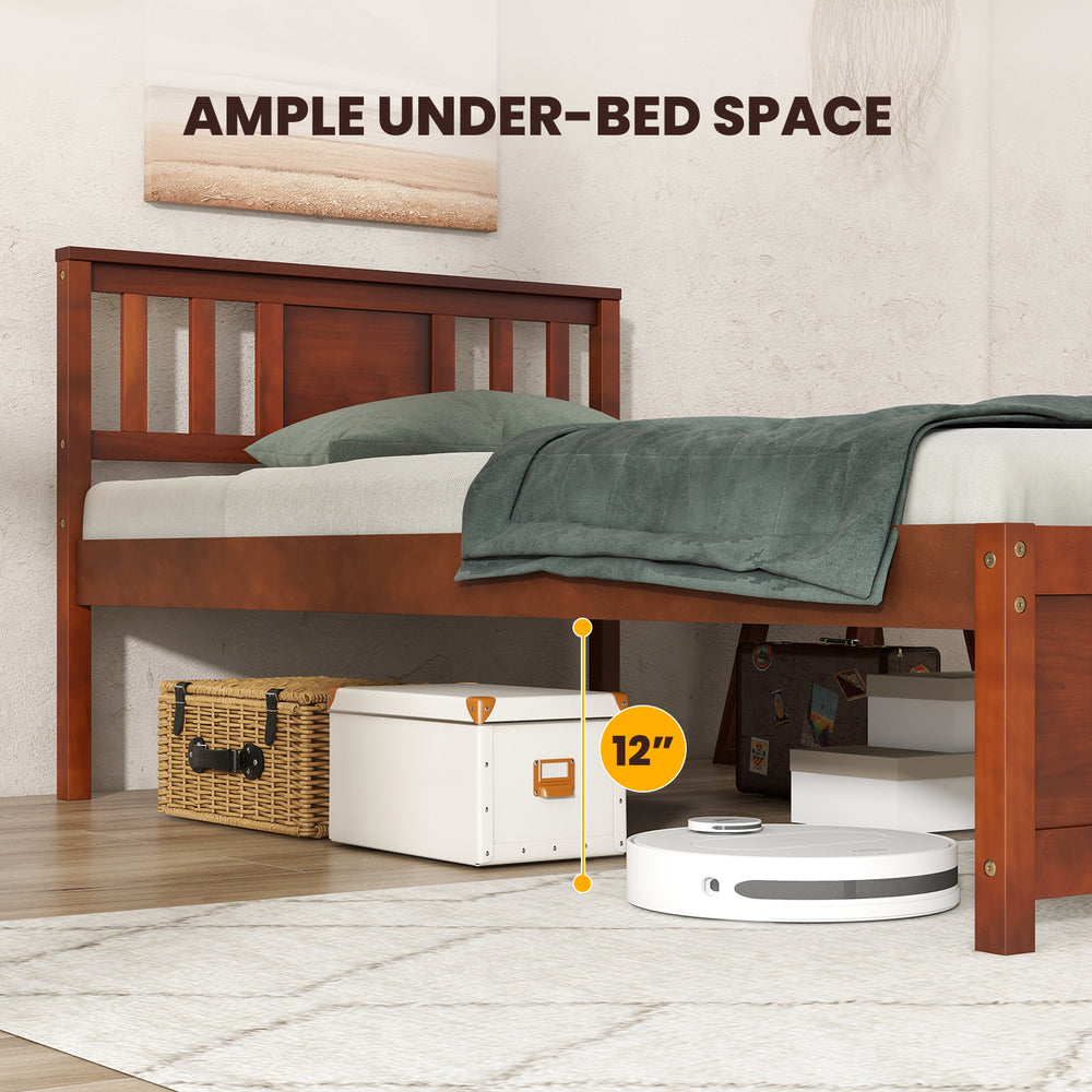 Twin size wooden platform bed with walnut finish, featuring 12" under-bed space for storage and elegant headboard.