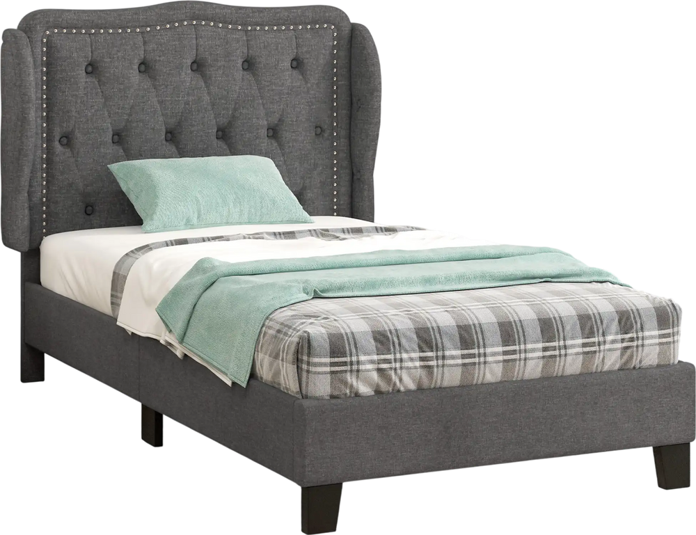Twin size bed frame with gray button tufted wingback headboard and under-bed storage, perfect for cozy bedrooms.