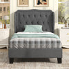 Twin size bed frame with gray button tufted wingback headboard and under-bed storage, perfect for cozy bedroom setups.