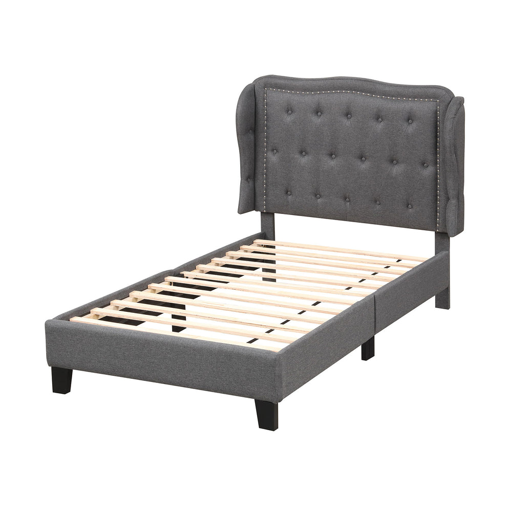 Twin size bed frame with button tufted wingback headboard in gray, featuring sturdy plywood slats and under-bed storage.