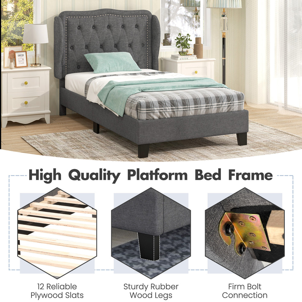 Twin size bed frame with button tufted wingback headboard in gray, featuring sturdy rubber wood legs and under-bed.