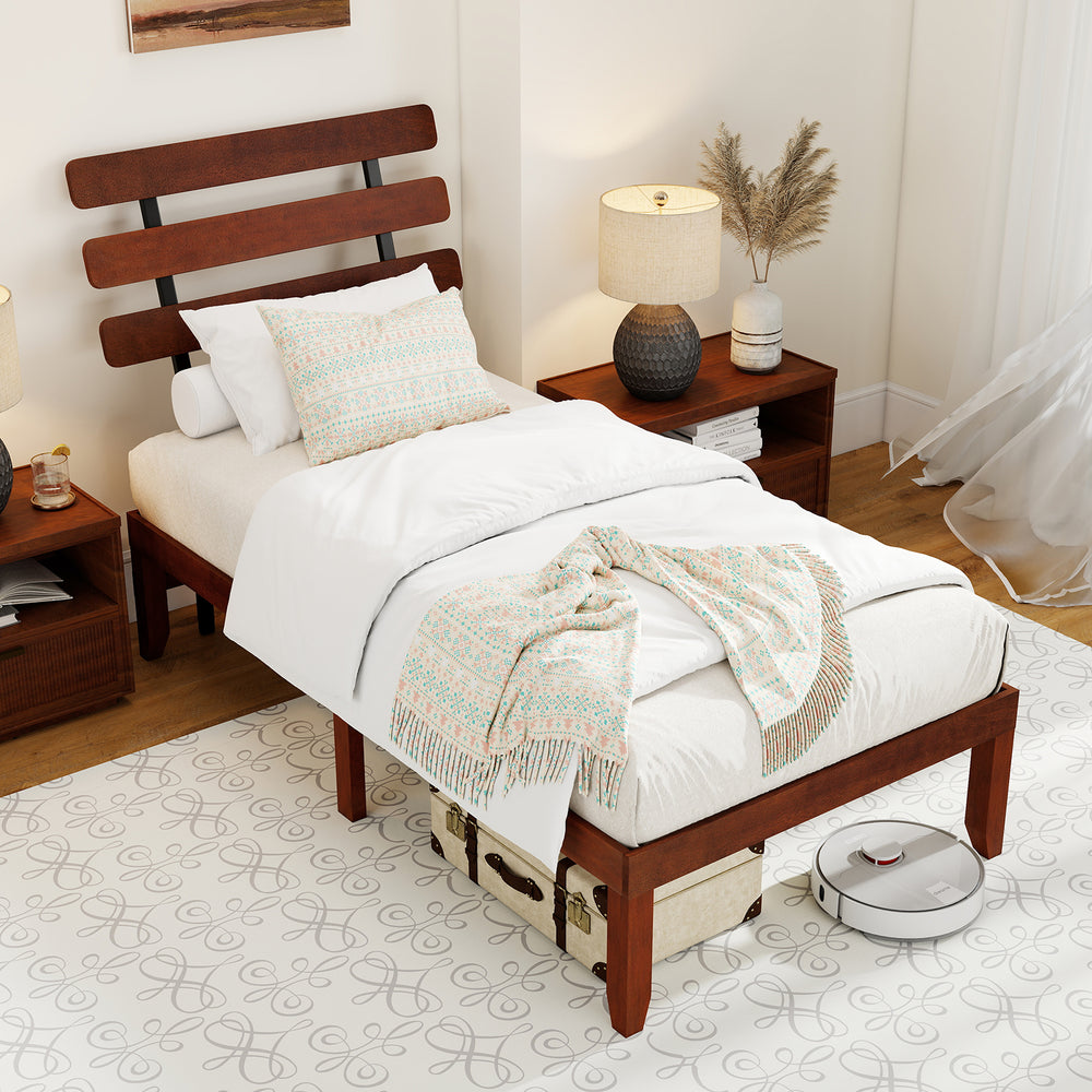 Twin size bed frame with retro headboard, solid wood construction, and ample under-bed storage for a stylish bedroom.