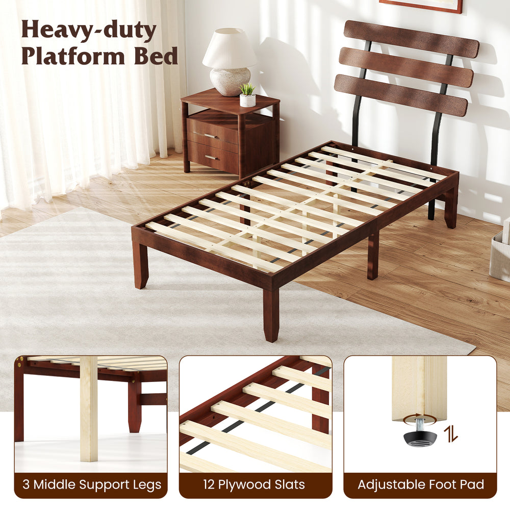 Twin size platform bed frame with retro headboard, 12 plywood slats, and adjustable foot pads for stability.