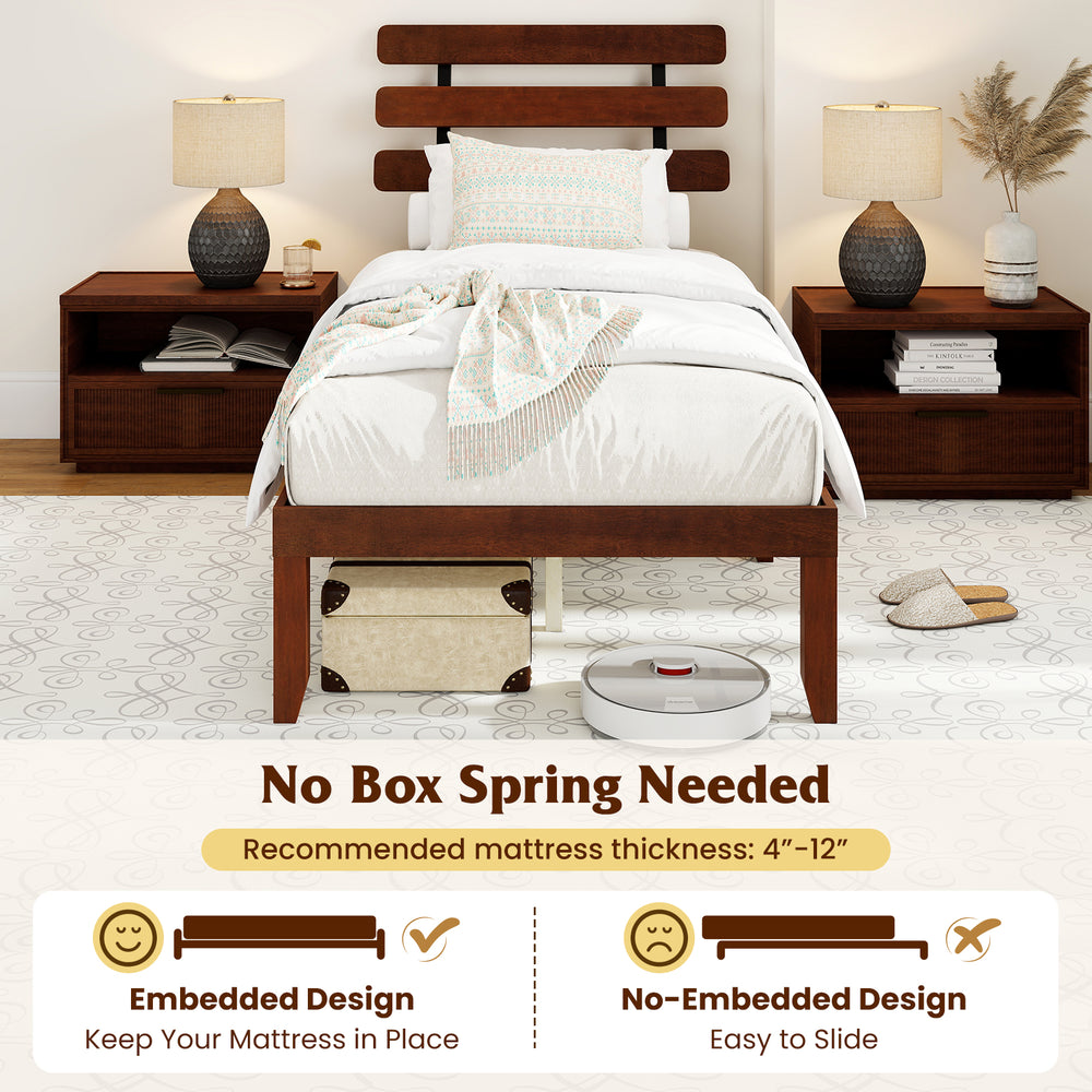 Twin size bed frame with retro headboard, solid wood, embedded design, and ample under-bed storage for organization.