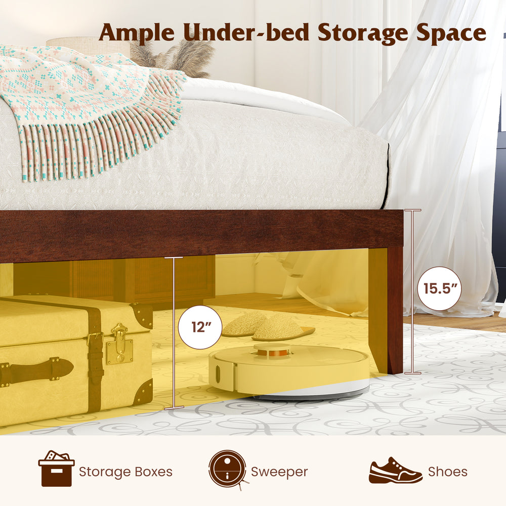 Twin size bed frame with 15.5-inch height, showcasing ample under-bed storage for boxes, sweeper, and shoes.