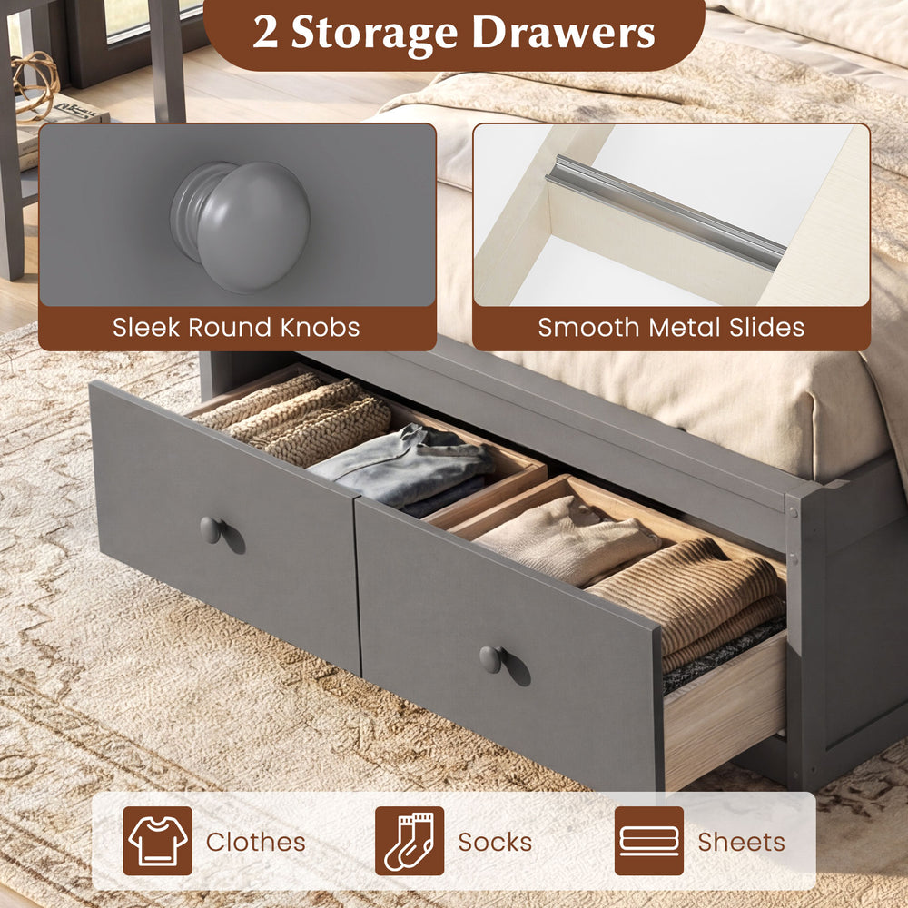 Twin size bed frame in gray featuring two storage drawers with sleek round knobs for organizing clothes and sheets.