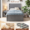 Twin size gray bed frame with headboard and storage drawers, featuring solid wood material and sturdy support legs.