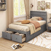 Twin size bed frame in gray with headboard and two storage drawers, perfect for organizing clothes and bedding.